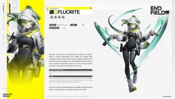 1girl arknights arknights:_endfield artist_request black_bodysuit bodysuit breasts character_name commentary copyright_name cowboy_shot crocodile_girl crocodilian_tail cropped_jacket english_commentary english_text fluorite_(arknights) full_body green_eyes green_hair gun highres holding holding_gun holding_weapon hood hood_up hooded_jacket jacket long_hair long_sleeves looking_at_viewer medium_breasts multiple_views official_art solo standing tail weapon white_jacket