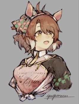 1girl ahoge animal_ears blush bow breasts brown_eyes brown_hair checkered_ribbon dantsu_flame_(center_spotlight)_(umamusume) dantsu_flame_(umamusume) ear_covers ear_ornament ear_ribbon hair_between_eyes highres horse_ears horse_girl large_breasts multicolored_hair occhahoi open_mouth shirt simple_background smile solo tied_shirt umamusume umamusume:_beginning_of_a_new_era white_hair yayamarublog