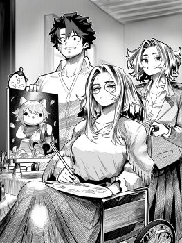 1boy 2girls absurdres aged_up animal_ears boku_no_hero_academia breasts cleavage dress good_end green_hair highres holding if_they_mated lady_nagant large_breasts long_hair looking_at_viewer midoriya_izuku monochrome multiple_girls open_mouth scar shirt smile teeth vlizz