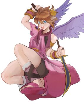 1boy ahoge alternate_color angel angel_wings bike_shorts blue_eyes brown_hair i_am_kimidori kid_icarus kid_icarus_uprising laurel_crown looking_at_viewer male_focus nintendo open_mouth palutena_bow_(kid_icarus) pit_(kid_icarus) player_2 simple_background solo white_background wings