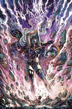 1girl bodysuit commission dark-skinned_female dark_skin debris dynamic_pose electricity floating_hair highres lightning long_hair marvel rock solo storm storm_(x-men) superhero_costume thunder very_dark_skin vinartwork western_comics_(style) white_eyes white_hair x-men