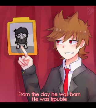 Rule 34 | 1boy, animification, antenna hair, black jacket, black suit, brown hair, collared shirt, commentary, curtains, derivative work, edd (eddsworld), eddsworld, english commentary, english text, flipped hair, formal clothes, grin, hair behind ear, hair ears, jacket, jitome, letterboxed, light blush, long sleeves, male focus, molechan, necktie, official alternate costume, official art inset, picture frame, pointing, red eyes, red necktie, screenshot redraw, shirt, short hair, signature, smile, solo, suit, tord (eddsworld), upper body, white shirt