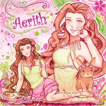 Rule 34 | aerith gainsborough, alternate costume, bangle, bare shoulders, bracelet, breasts, character name, closed mouth, final fantasy, final fantasy vii, flower, full body, green eyes, green shirt, hair flower, hair ornament, half updo, hand on own face, head wreath, highres, jewelry, medium breasts, multiple views, necklace, parted lips, pink flower, pink sandals, pink skirt, pinkuberristar, rabbit, sandals, shirt, sidelocks, skirt, smile, upper body