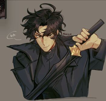 Rule 34 | 1boy, ahoge, black coat, black hair, coat, curtained hair, english text, grin, hand up, holding, holding sword, holding weapon, kobrafangs, looking at viewer, male focus, omniscient reader's viewpoint, open clothes, open coat, popped collar, short hair, smile, solo, sound effects, speech bubble, sword, weapon, yoo joonghyuk