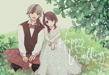 1boy 1girl ahoge alternate_costume arven_(pokemon) bow bowtie braid brown_bow brown_bowtie brown_eyes brown_footwear brown_hair brown_pants brown_vest closed_mouth collared_shirt commentary_request day dress grass highres juliana_(pokemon) long_hair long_sleeves nintendo outdoors pants pokemon pokemon_sv shinogo_no shirt shoes sitting smile strapless strapless_dress vest white_shirt