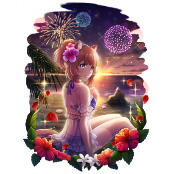 1girl aerial_fireworks animal_ear_fluff animal_ears artist_request beach bikini blue_bikini blue_ribbon blush breasts brown_hair cloud cloudy_sky dress feet_out_of_frame fireworks flower flower_request folded_hair frilled_dress frills from_side game_cg gloves hair_flower hair_ornament hand_on_own_chest hand_up hibiscus looking_at_viewer looking_to_the_side medium_breasts neck_ribbon ocean official_alternate_costume official_art on_ground orange_blossoms palm_tree pink_eyes pink_flower purple_sky raccoon_ears raccoon_girl raccoon_tail raphtalia red_flower red_gloves red_petals ribbon sand sand_castle sand_sculpture seashell see-through_clothes see-through_dress shell short_sleeves sitting sky smile solo starfish sun sunset swimsuit tail tate_no_yuusha_no_nariagari tate_no_yuusha_no_nariagari_rerise transparent_background tree twilight white_dress white_flower