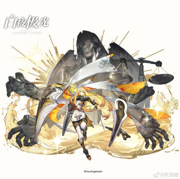 1girl alchemy_stars armor armored_boots balance_scale black_armor black_pantyhose black_shirt boots burnt_clothes cape chinese_commentary closed_mouth copyright_name copyright_notice dress dual_wielding energy_horns extra_arms fighting_stance floating floating_cape floating_object full_body gloves gold_armor gold_trim hair_between_eyes highres holding holding_scale holding_staff holding_sword holding_weapon horns humanoid_robot irridon_(alchemy_stars) knee_boots liquid liquid_gold long_hair long_sleeves looking_at_viewer official_art oop orange_cape orange_hair pantyhose puffy_long_sleeves puffy_sleeves red_eyes robot serious shield shirt short_dress sidelocks solo staff standing standing_on_one_leg sword thighhighs two-sided_cape two-sided_dress two-sided_fabric vambraces very_long_hair watermark weapon weibo_watermark weighing_scale white_background white_cape white_dress white_gloves white_thighhighs wide_sleeves yellow_eyes