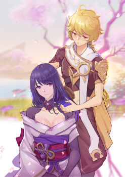1boy 1girl absurdres aether_(genshin_impact) ahoge artist_name bare_tree blonde_hair blue_sky blunt_bangs blurry blurry_background braid breasts bridal_gauntlets brown_pants brushing_another&#039;s_hair brushing_hair cherry_blossoms cleavage closed_mouth collarbone commentary_request couple covered_collarbone crop_top curly_hair eyeliner falling_petals genshin_impact gradient_hair grass hair_between_eyes hair_down hand_in_another&#039;s_hair head_tilt hetero highres huge_ahoge japanese_clothes kimono large_breasts leaning_to_the_side light_blush light_smile long_braid long_hair looking_down looking_to_the_side looking_up makeup mitsudomoe_(shape) mole mole_under_eye multicolored_hair neck_ribbon off_shoulder outdoors pants parted_lips petals pink_kimono purple_eyes purple_hair raiden_shogun red_eyeliner red_ribbon red_sash ribbon sash scarf shade shiro_font short_sleeves single_braid sitting sky standing sweatdrop tomoe_(symbol) toned toned_male tree upper_body white_scarf yellow_eyes