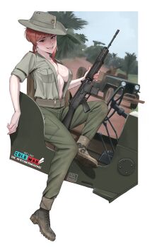 1girl absurdres assault_rifle boots breasts brown_eyes cleavage emblem fn_cal freckles green_eyes gun hat heterochromia highres holding holding_gun holding_weapon machine_gun magazine_(weapon) military military_hat military_uniform military_vehicle mud original puto_trash rifle short_hair steering_wheel tree very_short_hair we_love_cold_war weapon wheel