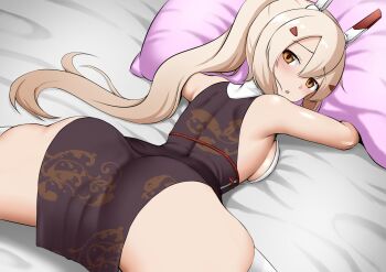 Rule 34 | 1girl, :o, ass, ayanami (azur lane), ayanami (lunar demon) (azur lane), azur lane, bare shoulders, blonde hair, breast press, breasts, cameltoe, china dress, chinese clothes, dress, embarrassed, from behind, hair ornament, hajime (wkpz8247), head on pillow, headgear, high ponytail, highres, long hair, looking at viewer, looking back, lying, medium breasts, multicolored dress, official alternate costume, on bed, on stomach, orange eyes, parted lips, pillow, pink pillow, ponytail, print dress, red dress, red ribbon, ribbon, sideboob, sleeveless, sleeveless dress, solo, spread legs, tight clothes, tight dress