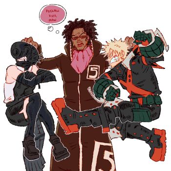 1girl 2boys angry ascot bakugou_katsuki bare_shoulders black_coat boku_no_hero_academia bomb_devil_(chainsaw_man) bridal_gauntlets chainsaw_man clenched_teeth coat commentary cowboy_shot curly_hair dark-skinned_male dark_skin english_commentary english_text full-length_zipper gem_(one_piece) highres lifting_person multiple_boys one_piece pink_ascot power_connection reze_(chainsaw_man) sanjaynocraig scruffing simple_background spiked_hair sunglasses superhero_costume teeth white_background zipper