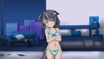 1girl absurdres animal_ear_fluff animal_ears bandaid bandaid_on_face bed belly black_hair blue_bra blue_eyes blue_panties blush bra breasts building commission couch crossed_arms dog_ears dog_tail embarrassed equus_ignis fangsie_fido hair_ornament highres indoors knee_up knees_up lamp looking_to_the_side navel panties pillow short_hair skyscraper solo tail underwear underwear_only variance_project virtual_youtuber window