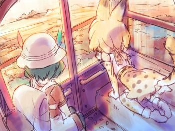 2girls all_fours animal_ears backpack bag cat_ears cat_girl cat_tail elbow_gloves gloves green_hair hat hat_feather helmet kaban_(kemono_friends) kawata_hisashi kemono_friends multiple_girls orange_hair pith_helmet red_shirt serval_(kemono_friends) shirt short_hair shorts sitting skirt sleeveless sleeveless_shirt tail thighhighs white_shirt white_shorts window