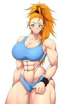 1girl abs absurdres bandaid bare_shoulders blue_eyes blush captain_mizuki cleavage_cutout clothing_cutout embarrassed female_focus gym_uniform highres long_hair looking_at_viewer muscular muscular_arms muscular_female muscular_legs one-punch_man orange_hair ornament pulling smile solo sweat very_long_hair