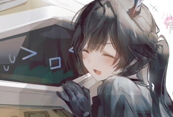 Rule 34 | > <, +++, 2girls, arknights, arknights: endfield, black gloves, black hair, chen qianyu (arknights), closed eyes, commentary, emoticon, gloves, highres, light blush, long hair, multiple girls, open mouth, robot, smile, sowb, sweatdrop, yvonne (arknights)