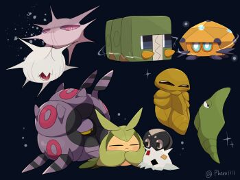 :&lt; =_= a-nya blue_background blue_eyes blush bright_pupils cascoon charjabug closed_eyes closed_mouth colored_sclera dottler electricity full_body gen_1_pokemon gen_3_pokemon gen_5_pokemon gen_6_pokemon gen_7_pokemon gen_8_pokemon highres kakuna mandibles metapod nintendo no_humans pokemon pokemon_(creature) pokemon_focus purple_sclera rectangular_eyes rectangular_pupils red_eyes silcoon simple_background slit_pupils spewpa spikes swadloon twitter_username whirlipede white_pupils