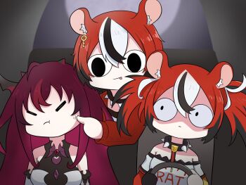 1boy 2girls :p :t =_= animal_ear_fluff animal_ears bare_shoulders black_gloves black_hair breasts car_interior cheek_poking closed_eyes closed_mouth collar commentary driving fong_(fongthe0125) gloves hair_between_eyes hakos_baelz hakos_baelz_(1st_costume) hashtag-only_commentary hayko highres hololive hololive_english irys_(hololive) irys_(irys_1.0)_(hololive) jacket key long_sleeves medium_breasts mouse_ears multicolored_hair multiple_girls poking puffy_long_sleeves puffy_sleeves purple_hair red_hair red_jacket shaded_face shirt single_glove smile spiked_collar spikes strapless strapless_shirt streaked_hair symbol-only_commentary tongue tongue_out twintails virtual_youtuber white_hair white_shirt white_sleeves wide-eyed