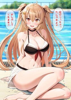 1girl :d ahoge barefoot bikini black_bikini black_choker black_ribbon blush breasts choker collarbone commentary_request day hair_between_eyes hair_ornament hair_ribbon hairpin halterneck heterochromia highres ichikawa_feesu kantai_collection large_breasts murasame_(kancolle) murasame_(swimsuit)_(kancolle) murasame_kai_ni_(kancolle) navel open_mouth orange_eyes outdoors pool poolside red_eyes ribbon sarong sitting smile solo speech_bubble stomach string_bikini swimsuit thighs translation_request two_side_up