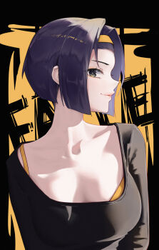Rule 34 | 1girl, absurdres, black eyes, black shirt, bra, bra peek, breasts, collarbone, commentary, cowboy bebop, faye valentine, hairband, highres, large breasts, looking at viewer, manzaak, parted lips, purple hair, shirt, short hair, smile, underwear, yellow bra, yellow hairband