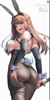 1girl absurdres animal_ears arched_back ass back bare_shoulders blue_eyes bodystocking breasts brown_hair covered_erect_nipples elbow_sleeve from_behind hand_on_own_ass highleg highleg_leotard highres holding holding_knife holding_weapon holster knife large_breasts leotard long_hair looking_at_viewer looking_back love_cacao open_mouth original pantyhose playboy_bunny purple_eyes rabbit_ears rabbit_tail see-through_clothes see-through_legwear sideboob simple_background smile solo strap tail thigh_holster thigh_strap upper_body weapon white_background wrist_cuffs