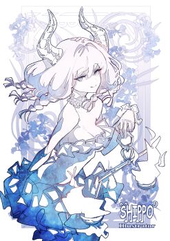 Rule 34 | 1girl, absurdres, artist name, aura (sousou no frieren), balance scale, bare shoulders, blue theme, breasts, choker, commentary request, demon girl, demon horns, dress, drill, drill hair, fire, flower, frilled dress, frilled gloves, frills, from side, frown, furrowed brow, gloves, highres, holding balance scale, horns, lineart, looking at viewer, medium breasts, profile, ship o man1015, short hair, sideboob, signature, smile, solo, sousou no frieren, spooning, upper body, weighing scale, white background, wince