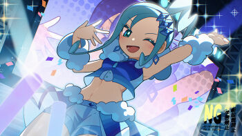1girl ;d absurdres ame_akira arm_up arm_warmers commentary confetti cropped_vest earrings eyelashes green_eyes green_hair hair_ornament hand_up happy highres jewelry lisia_(pokemon) long_hair looking_down nintendo one_eye_closed open_mouth overskirt pokemon pokemon_oras shorts smile solo sparkle spread_fingers stomach tongue vest watermark