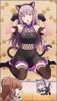 2girls absurdres all_fours animal_ears bang_dream! black_skirt black_thighhighs blush braid brown_sweater cat_ears cat_tail commentary detached_sleeves earrings fake_animal_ears fake_tail grey_hair half_up_braid highres imai_lisa izami_md jewelry long_hair minato_yukina multiple_girls no_shoes open_mouth paw_pose romaji_commentary skirt sweater tail teeth thighhighs upper_teeth_only yellow_eyes