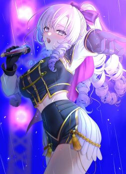 1girl black_bustier black_gloves black_shorts blush bow breasts bustier commentary_request cowboy_shot drill_hair drill_ponytail drill_sidelocks gloves gold_trim hair_bow high_ponytail highres holding holding_microphone hyakumantenbara_salome idol_clothes kisiti_07 large_breasts linea_alba long_hair long_sleeves looking_at_viewer microphone nijisanji nijisanji_idol_uniform offering_hand official_alternate_costume open_mouth pleated_shorts ponytail purple_eyes purple_hair rain reaching reaching_towards_viewer ringlets shirt short_cape shorts sidelocks socks solo split_ponytail stage_lights two-tone_shorts virtual_youtuber wet white_shirt white_socks