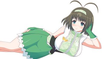 absurdres antenna_hair black_corset blouse blue_eyes blush breasts brown_hair corset fingerless_gloves gloves green_gloves green_hairband green_shirt green_skirt hairband hand_on_own_thigh head_rest helltzujih highres large_breasts lying on_side senran_kagura senran_kagura_new_wave shirt skirt sleeveless smile syuri_(senran_kagura) two-tone_shirt white_background white_shirt