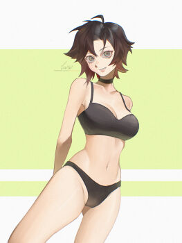 1girl absurdres arms_behind_back artist_name black_bra black_choker black_hair black_panties bra breasts choker collarbone eyebrows eyelashes feet_out_of_frame female_focus grey_eyes highres medium_breasts navel panties ruby_rose rwby short_hair simple_background solo standing two-tone_background underwear underwear_only white_background yellow_background zuu_(zuuzu)