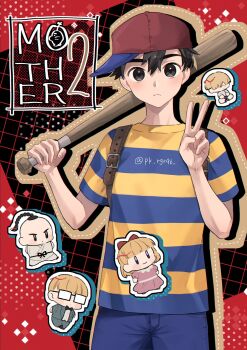 1girl 4boys arm_up baseball_bat baseball_cap ben-day_dots black_hair blonde_hair blue_shirt bow closed_mouth commentary_request copyright_name dress grey_eyes hair_bow hat highres holding holding_baseball_bat jeff_andonuts looking_at_viewer male_focus mother_(series) mother_2 multiple_boys ness_(mother_2) nintendo paula_(mother_2) pink_dress pk_rgr96 poo_(mother_2) porky_minch rectangular_eyewear red_bow red_hat screentones shirt sideways_hat smile solo_focus standing striped_clothes striped_shirt twitter_username two-tone_shirt v yellow_shirt