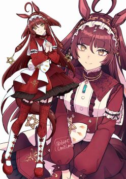 1girl ahoge animal_ears blunt_bangs blush bow closed_mouth dress full_body garter_straps hairband headdress hi_(ibisf5umauma) highres horse_ears horse_girl long_hair long_sleeves looking_at_viewer multicolored_hair red_desire_(umamusume) red_dress red_hair red_hairband red_headdress red_thighhighs shoes simple_background smile socks solo_focus star_(symbol) star_ornament thighhighs twitter_username umamusume white_background white_bow white_hair white_socks yellow_eyes