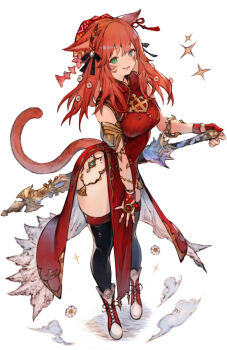 1girl animal_ears black_thighhighs bow cat_ears cat_girl cat_tail commission dress facial_mark final_fantasy final_fantasy_xiv fingerless_gloves gloves green_eyes hair_bow hair_ornament highres katana kemomin_nosuke long_hair looking_at_viewer miqo&#039;te open_mouth pelvic_curtain red_dress red_hair red_shoes samurai_(final_fantasy) shoes sword tail thighhighs warrior_of_light_(ff14) weapon whisker_markings white_background