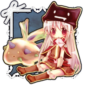 1girl blue_background blush boots brown_boots brown_dress cape chibi chibi_only closed_mouth commentary_request creator_(ragnarok_online) deviruchi_hat dress envelope full_body fur-trimmed_boots fur_trim gloves hat keimari long_hair looking_at_viewer lowres mouth_hold pointy_ears poring ragnarok_online red_cape red_eyes sitting slime_(creature) smile solo vanilmirth_(ragnarok_online) very_long_hair white_gloves white_hair