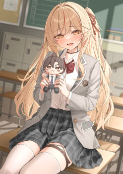 1girl :d black_skirt blonde_hair blush character_request classroom collared_shirt commentary_request copyright_request desk doll grey_jacket hair_ribbon highres holding holding_doll indoors jacket long_hair long_sleeves looking_at_viewer monaka_curl on_desk open_mouth plaid_clothes plaid_skirt red_ribbon ribbon shirt shirt_tucked_in sitting skirt smile solo textless_version thigh_strap thighhighs thighs white_shirt white_thighhighs yellow_eyes