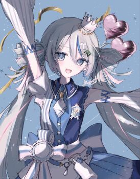 1girl :d back_bow balloon blue_bow blue_dress blue_eyes blue_hair bow collared_dress commentary_request crown detached_sleeves dress grey_hair hair_between_eyes hair_ornament hatsune_miku heart_balloon highres kumu39_(pixiv98385696) lawson looking_at_viewer mini_crown multicolored_hair necktie open_mouth pink_hair smile solo star_(symbol) streaked_hair streamers striped_sleeves teeth twintails upper_teeth_only vocaloid white_necktie white_sleeves