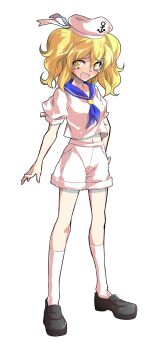 1girl anchor_print anchor_symbol arms_at_sides black_shoes blonde_hair blue_neckerchief blue_sailor_collar blush breasts collarbone commentary_request cropped_shirt crying crying_with_eyes_open dairi full_body hat hat_ribbon highres kitashirakawa_chiyuri kneehighs large_variant_set looking_at_viewer medium_breasts medium_hair midriff_peek navel neckerchief no_dickey open_mouth pink_hat pink_ribbon pink_serafuku pink_shirt pink_shorts pink_socks raised_inner_eyebrows ribbon sailor_collar sailor_hat school_uniform serafuku shirt shoes short_sleeves shorts sideways_glance simple_background socks solo standing tachi-e tears touhou touhou_(pc-98) transparent_background two_side_up variant_set wavy_eyebrows yellow_eyes