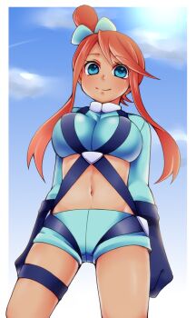 1girl blue_eyes blue_sky breasts cloud crop_top dark-skinned_female dark_skin gloves large_breasts long_hair long_sleeves looking_at_viewer mochi_(g_mochi) nintendo pokemon pokemon_bw red_hair shorts sky skyla_(pokemon) smile sunlight