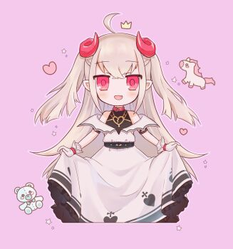 1girl ahoge alternate_hair_length alternate_hairstyle arm_strap bare_shoulders belt belt_collar blush bracelet broken_heart_print collar cropped_legs cross cross_print crown curled_horns demon_horns dress fang frilled_dress frills fu_su_ru gloves grey_hair hair_between_eyes heart heart_print highres horns jewelry long_dress long_hair looking_at_viewer makaino_ririmu makaino_ririmu_(1st_costume) nijisanji off-shoulder_dress off_shoulder open_mouth pink_background pointy_ears red_collar red_eyes red_horns shirt_under_dress sidelocks skirt_hold solo standing star_(symbol) straight-on stuffed_animal stuffed_toy teddy_bear two_side_up undershirt unicorn virtual_youtuber white_dress white_gloves