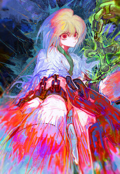 1boy absurdres androgynous blonde_hair chain commentary highres hunter_x_hunter incoming_attack japanese_clothes kimono kurapika looking_at_viewer male_focus punching red_eyes short_hair solo torn_clothes yuki_flourish