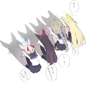Rule 34 | 4girls, animal ears, black hair, black pantyhose, black sailor collar, black shoes, black skirt, blonde hair, blue archive, blue halo, braid, braided ponytail, brown hair, cat shadow puppet (meme), dutch angle, failure, fox ears, fox girl, fox platoon (blue archive), from above, full body, green halo, hair ribbon, half updo, halo, highres, kurumi (blue archive), loafers, long hair, long sleeves, low ponytail, medium hair, meme, miniskirt, multiple girls, niko (blue archive), otogi (blue archive), pantyhose, pink hair, pleated skirt, ponytail, red halo, red ribbon, ribbon, sailor collar, sateto (user knrf2332), school uniform, serafuku, shadow, shirt, shoes, simple background, sketch, skirt, speech bubble, squatting, straight hair, translated, two side up, very long hair, white background, white shirt, yukino (blue archive)