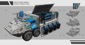 1other armor black_boots black_pants blue_armor blue_helmet boots container english_text exoskeleton gatling_gun gun helmet highres humanoid_robot military_vehicle minigun night_vision_device original pants remote_weapon_system robot signature simple_background soldier tony_tseng united_nations variations weapon wheel window