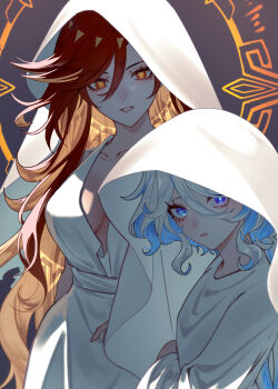 2girls absurdres alternate_costume belt blue_eyes blue_hair breasts collarbone colored_inner_hair dress furina_(genshin_impact) genshin_impact grey_hair hair_between_eyes halo halo_behind_head hand_on_own_hip heterochromia highres if0208 large_breasts long_hair long_sleeves looking_at_viewer low_twintails mavuika_(genshin_impact) mismatched_pupils multicolored_hair multiple_girls orange_hair orange_halo purple_background red_eyes red_hair short_sleeves simple_background smile standing symbol-shaped_pupils teeth twintails veil wavy_hair white_belt white_dress white_veil wide_sleeves