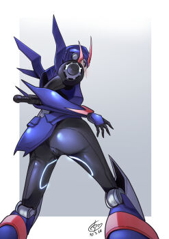 1girl arcee arcee_(prime) ass blue_eyes blush cleft_of_venus helmet highres humanoid_robot looking_back mechanical_wings neon_trim no_panties ongget1 pussy pussy_peek robot robot_girl transformers transformers_prime wings