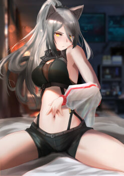 1girl :/ animal_ear_fluff animal_ears arknights armpits bare_shoulders black_scarf black_shorts blurry blurry_background blush breasts cat_ears cleavage closed_mouth commentary cowboy_shot crop_top english_commentary engrish_commentary eyebrows_hidden_by_hair female_focus finger_in_navel hair_between_eyes highres indoors jacket krirk large_breasts lens_flare long_hair looking_at_viewer midriff navel off-shoulder_jacket off_shoulder on_bed one-piece_swimsuit open_clothes open_jacket poking_belly ponytail scarf schwarz_(arknights) see-through_clothes shade shadow short_shorts shorts sidelocks silver_hair sitting solo spread_legs striped_clothes striped_one-piece_swimsuit swimsuit underbust white_jacket yellow_eyes