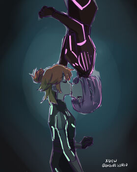 2girls absurdres alternate_costume blush breasts closed_eyes couple earrings facing_another feather_earrings feathers french_kiss gradient_hair highres hololive hololive_english jewelry kiss large_breasts long_hair marvel mori_calliope multicolored_hair multiple_girls orange_hair pink_hair rotational_symmetry scene_reference spider-man_(series) spider-man_1_(2002) takanashi_kiara upside-down upside-down_kiss virtual_youtuber xu_chin-wen yuri