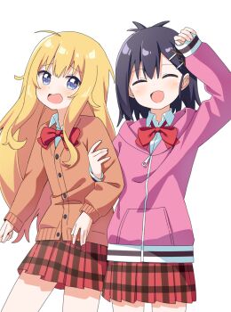 2girls :d ^_^ ahoge bare_legs black_hair blonde_hair blue_eyes bow bowtie closed_eyes commentary commission cosplay costume_switch cowboy_shot facing_viewer gabriel_dropout gabriel_tenma_white hair_ornament hairclip haru_(konomi_150) highres jacket light_blush long_hair long_sleeves looking_at_viewer miniskirt multiple_girls open_mouth orange_jacket pink_jacket pixiv_commission plaid_clothes plaid_skirt pleated_skirt red_bow red_bowtie red_skirt shirt short_hair simple_background skirt sleeves_past_wrists smile very_long_hair vignette_tsukinose_april white_background white_shirt wing_collar x_hair_ornament