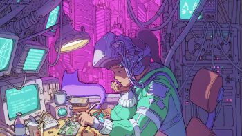 1girl absurdly_detailed_composition arduino ascii_art blue_background book bottle brown_eyes brown_hair c_(programming_language) cable cat cat_emoji chair chopsticks circuit_board cityscape commentary computer concentrating cup instant_cup_noodles desk english_commentary from_behind from_side green_jacket hand_on_own_chin head-mounted_display headphones hexadecimal highres holding_tool instant_cup_noodles instant_noodles jacket lamp loaded_interior lofi_girl lofi_girl_(youtube) long_sleeves looking_down monitor mug office_chair oscilloscope parody parted_lips pink_background pink_sky ponytail puffy_long_sleeves puffy_sleeves reel-to-reel_tape_recorder science_fiction screw short_hair sitting sky soldering_iron solo_focus space_gooose swivel_chair too_many tube twitter_username two-tone_background upper_body washer watch water_bottle wristwatch