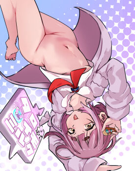 1girl absurdres arms_up barefoot blue_background blueberry_academy_school_uniform bottomless breasts coat cover gen_4_pokemon gradient_background hair_ornament highres knees_together_feet_apart lacey_(pokemon) looking_at_viewer medium_hair navel neckerchief nintendo open_clothes open_coat osushi961 pink_background pink_hair pokemon pokemon_sv polka_dot polka_dot_background rotom rotom_phone smile solo thick_eyebrows tongue tongue_out underboob upside-down white_background wide_hips yellow_eyes