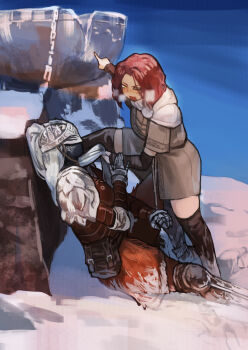 1girl 1other absurdres ambiguous_gender armor bloody_wolf_(elden_ring) blush breath brown_hair commentary_request dress elden_ring foot_kabedon full_armor gauntlets grey_dress highres index_finger_raised kabedon looking_at_another melina_(elden_ring) miao_jiangyou one_eye_closed open_mouth outdoors pointing short_hair snow tarnished_(elden_ring) yellow_eyes